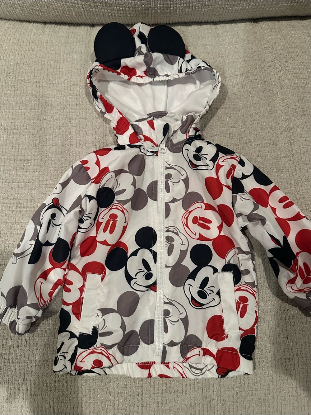 Disney Mickey Mouse Print Hooded Windbreaker Jacket - Red, Black & Gray Size 12M